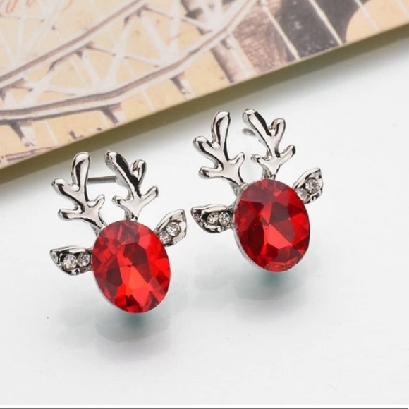 Red Crystal Reindeer Christmas Earrings Holiday - Picture 2 of 4